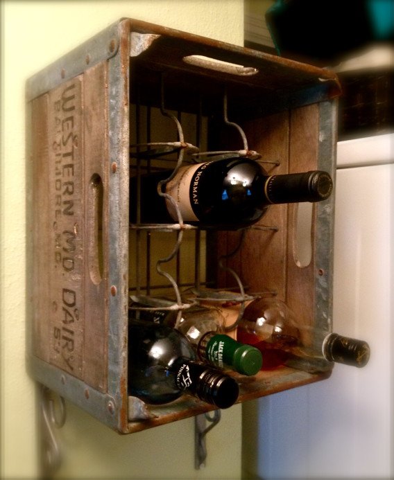 Practical vintage milk crate wine rack