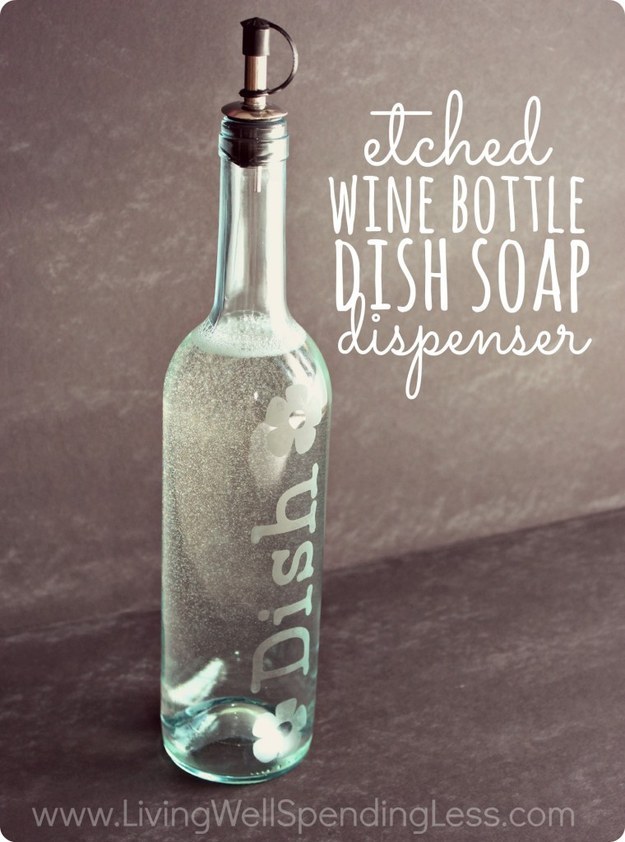 AN ETCHED WINE BOTTLE CAN BECOME A ONE OF A KIND DISH SOAP DISPENSER